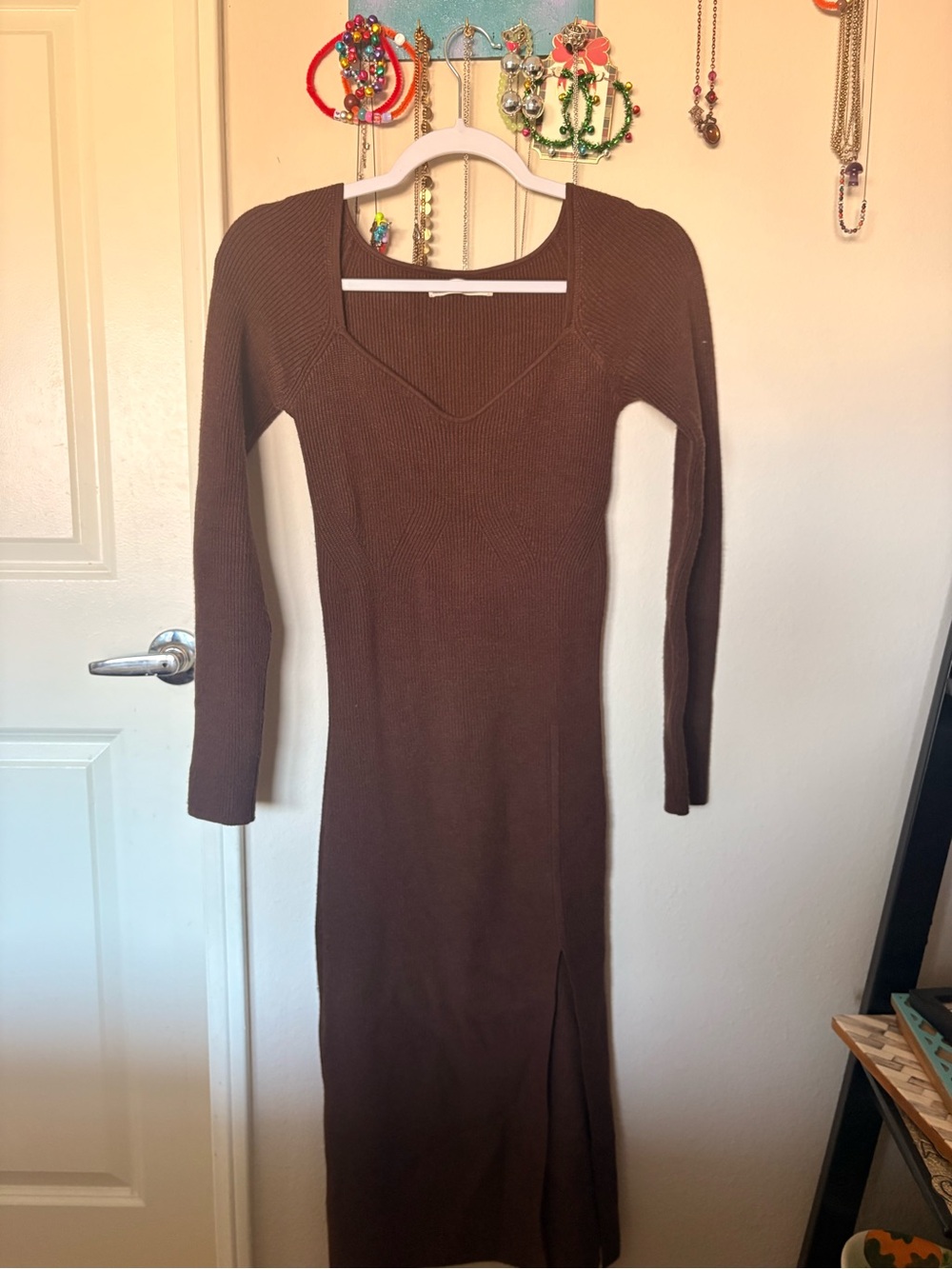 OAK + FORT Brown Ribbed V-Neck Long Sleeve Midi Dress with Side Slit